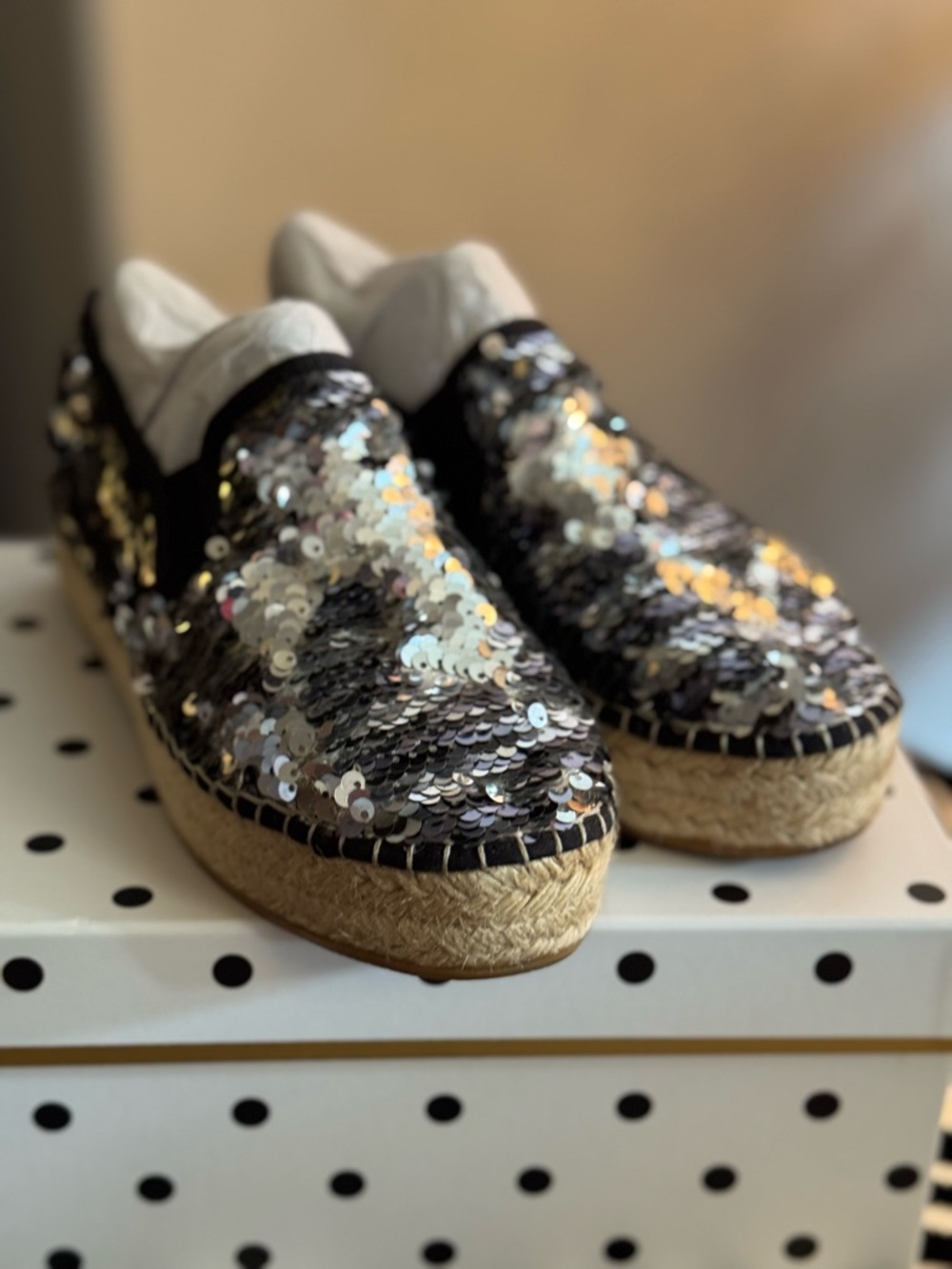 Sequined Silver Espadrille Slip-Ons - Women's Fashion Flats